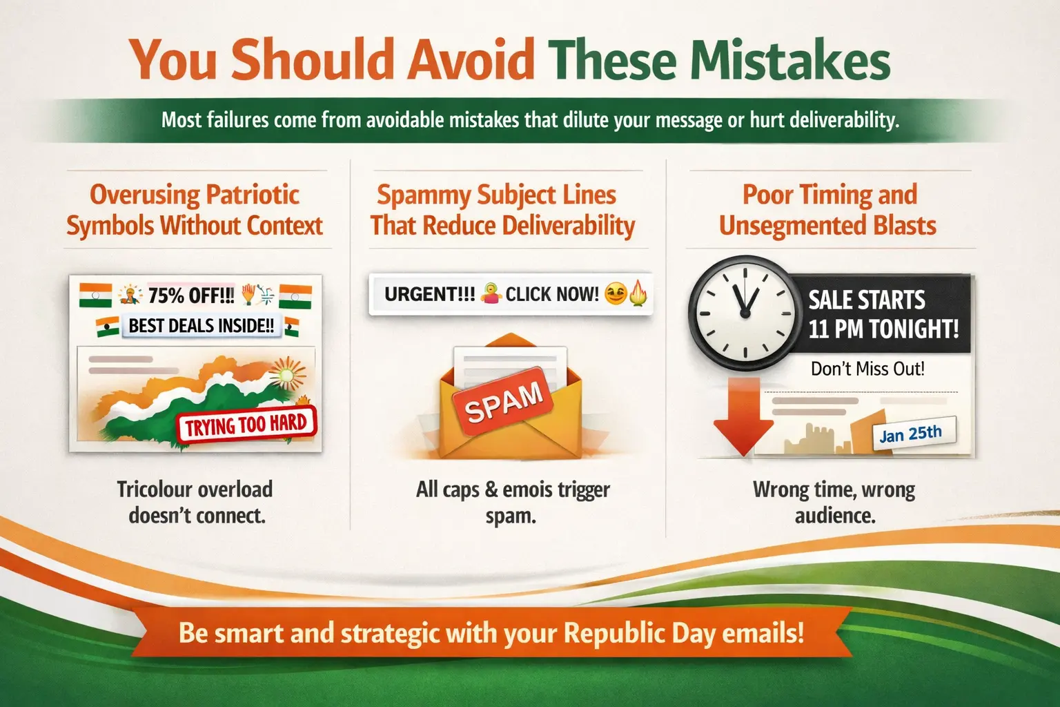 Visual guide on common Republic Day email marketing mistakes like spammy subjects and poor timing to avoid.