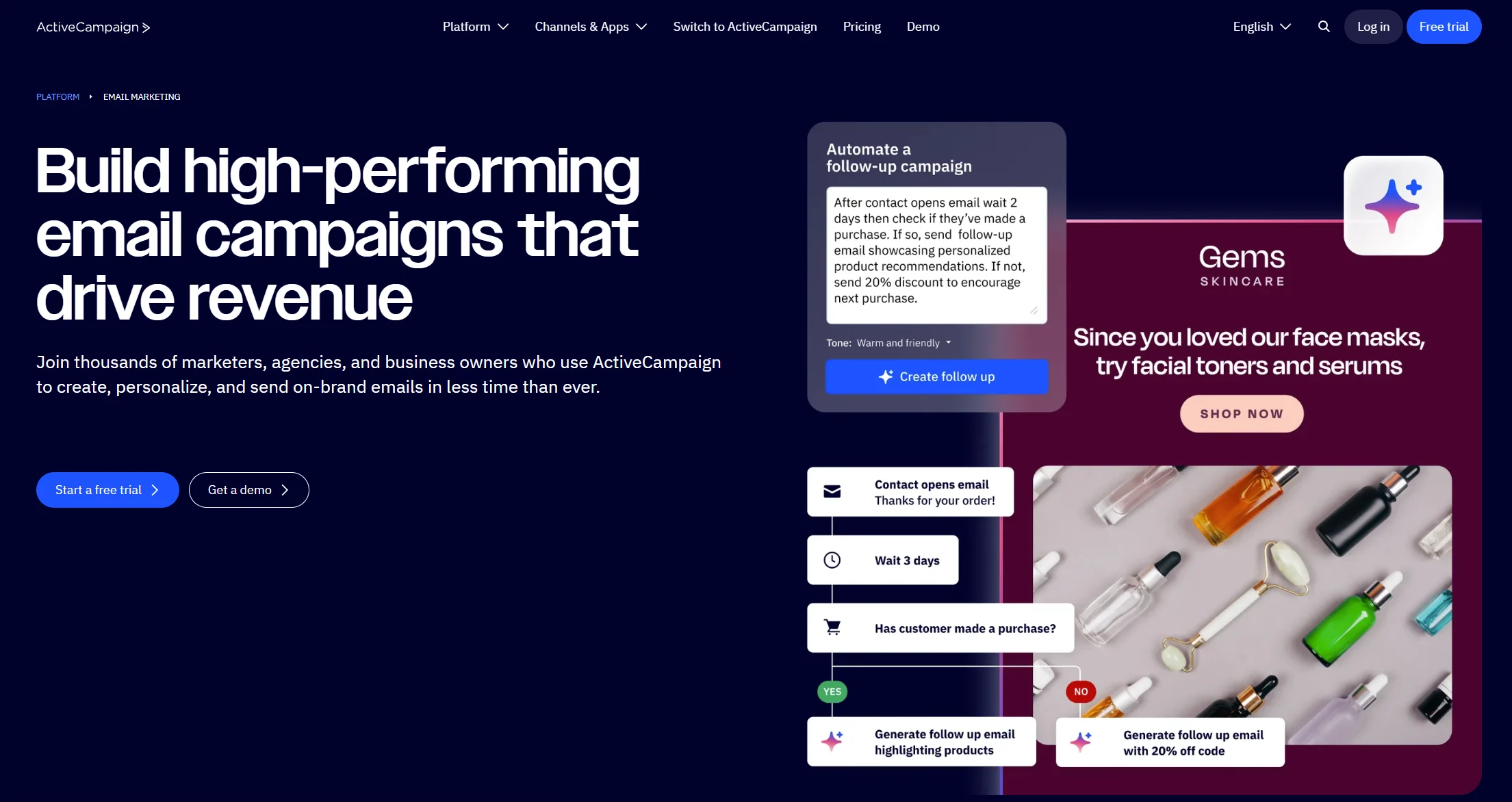 ActiveCampaign email marketing automation platform showing a follow-up campaign workflow &ndash; after contact opens email wait 2 days then check for purchase. If yes send personalized product recommendations email for face masks toners and serums. If no send 20% discount code to encourage next purchase. Warm friendly tone for marketers agencies and business owners driving revenue with automated email follow-ups.