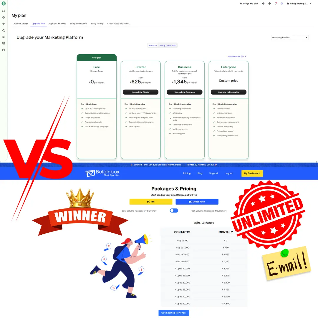 Comparison of Brevo's pricing plans alongside Boldinbox's affordable email marketing packages for every users.