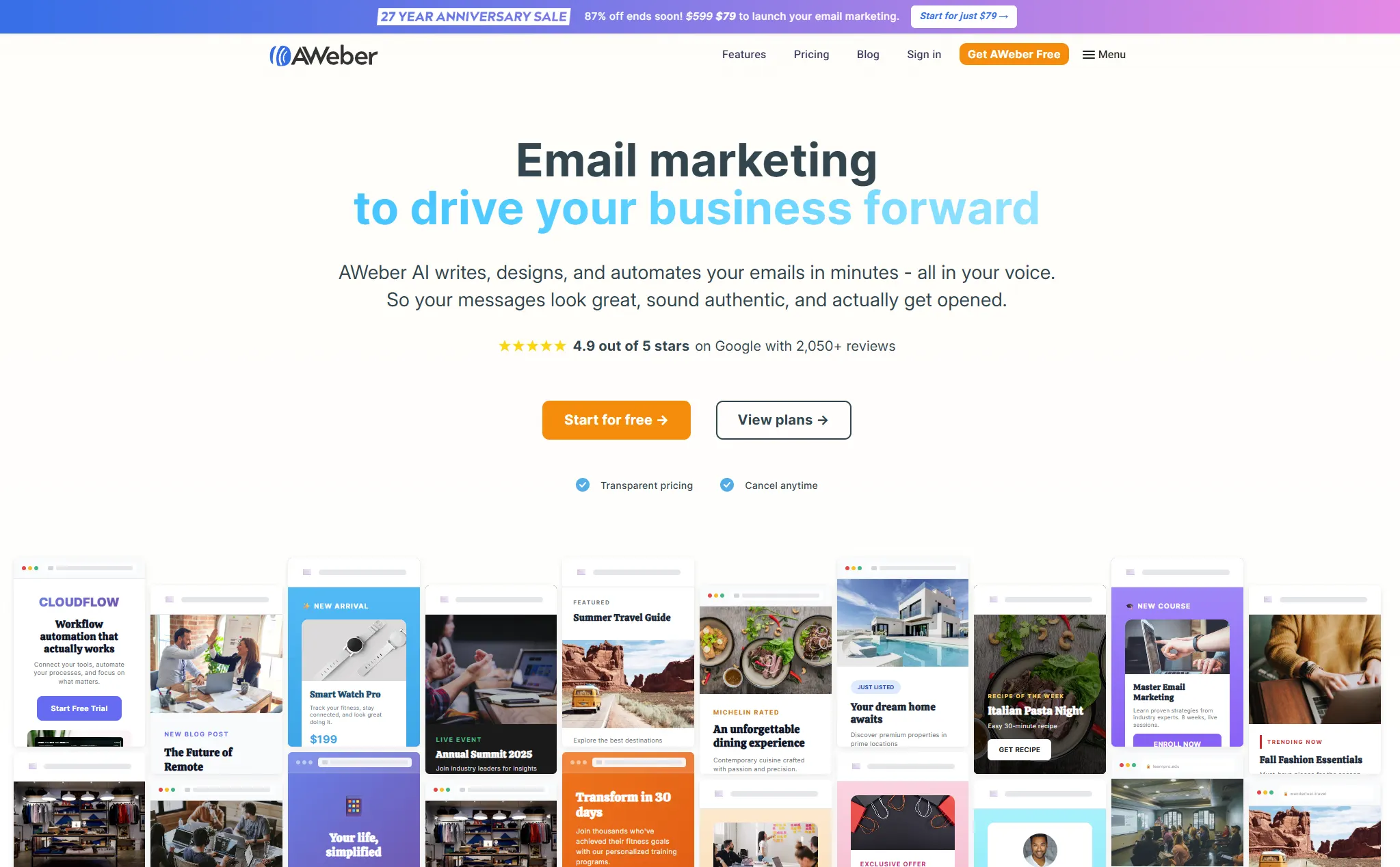AWeber email marketing platform interface with AI that writes, designs, and automates email campaigns, showing Google review, transparent pricing options, start free button, workflow automation tool Cloudflow, and email examples for smart watch, summer travel, Italian pasta night recipe, and fall fashion essentials