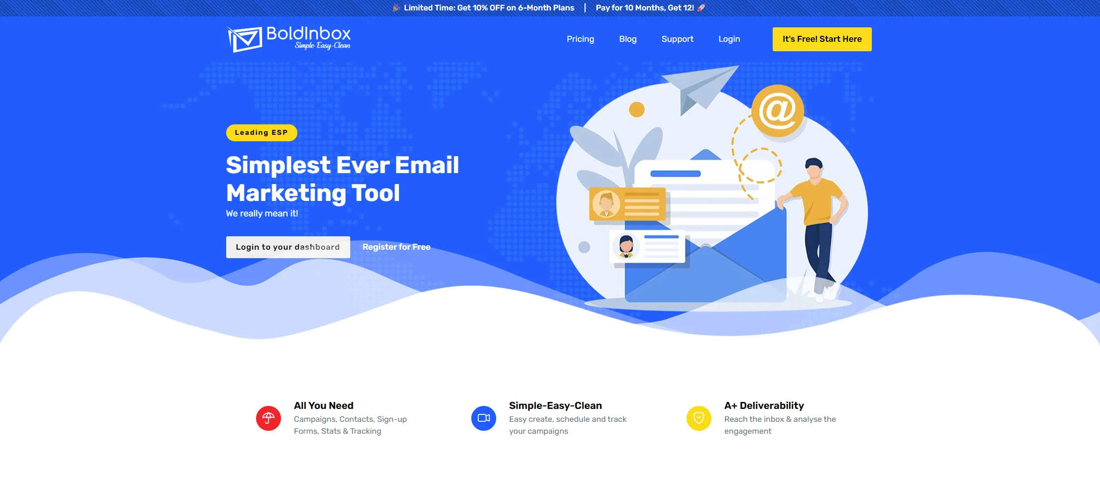 BoldInbox simple email marketing tool with free registration, A+ deliverability, campaign management, and easy tracking &ndash; limited-time 10% off 6-month plans, pay for 10 months get 12, leading ESP for clean email marketing