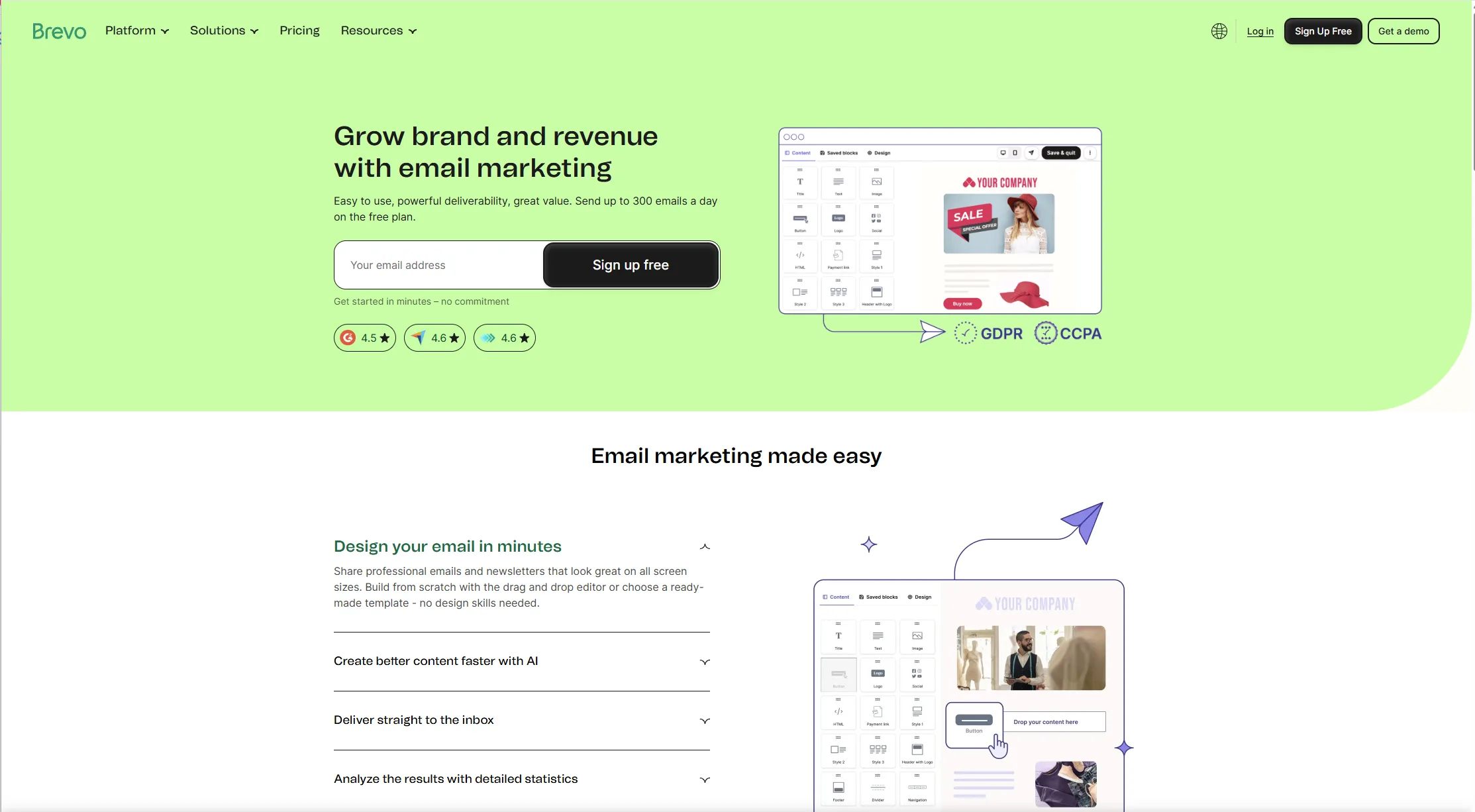 Brevo email marketing platform free plan &ndash; send up to 300 emails per day, drag-and-drop email builder, AI content creation, high deliverability, and detailed statistics. Easy email design for newsletters and campaigns, GDPR compliant.