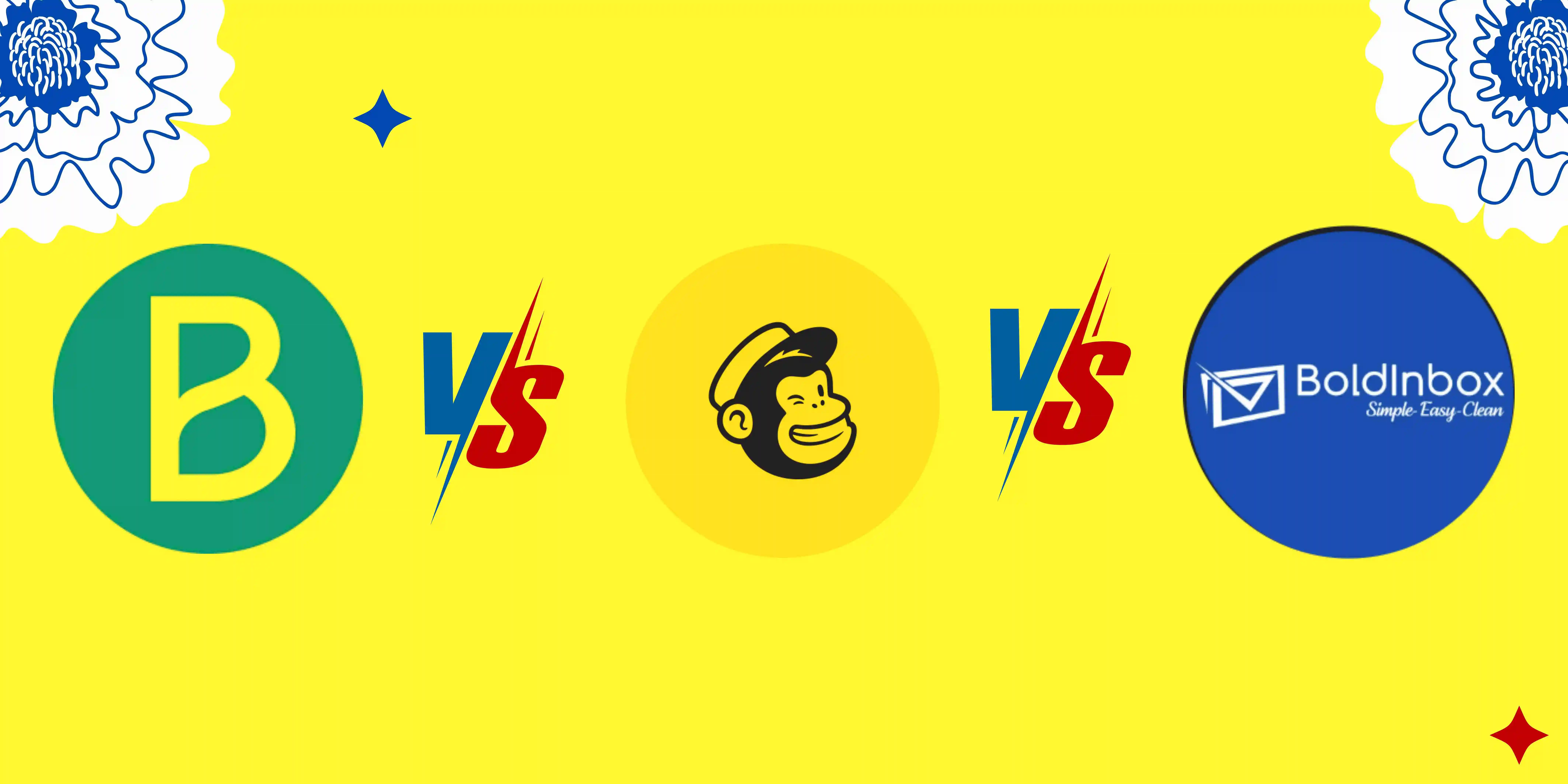 Comparison graphic showing logos of three email marketing tools—Brevo (formerly Sendinblue), Mailchimp, and Boldinbox—on a bright yellow background with 'VS' symbols between them, highlighting a feature or pricing comparison.
