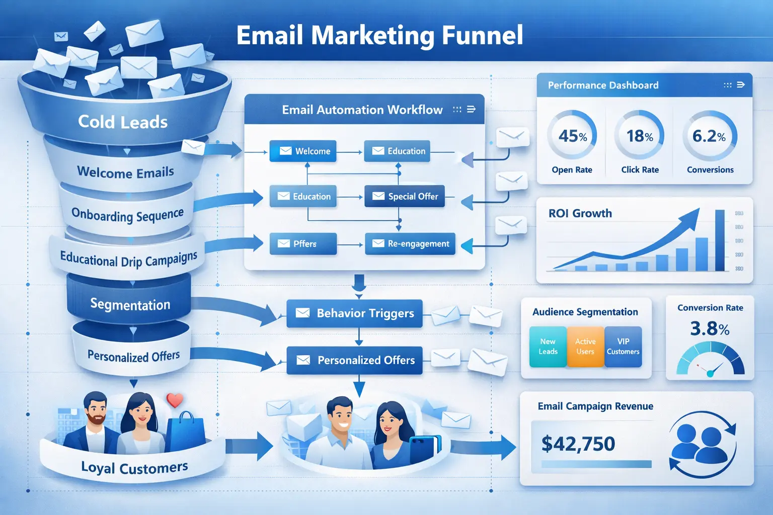 Email marketing automation funnel showing cold leads journey through welcome emails, educational drip campaigns, segmentation, and personalized offers. Performance dashboard displays 45% open rate, 18% click rate, and 6.2% conversion rate. ROI growth section highlights new leads, active users, and VIP customers. Email campaign revenue reported at $42,750 with a 3.8% conversion rate.