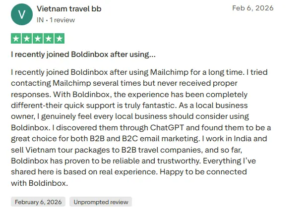 "Screenshot of a 5-star Trustpilot review for Boldinbox from a user in India, praising the platform's quick support and reliability for B2B email marketing in the travel industry."