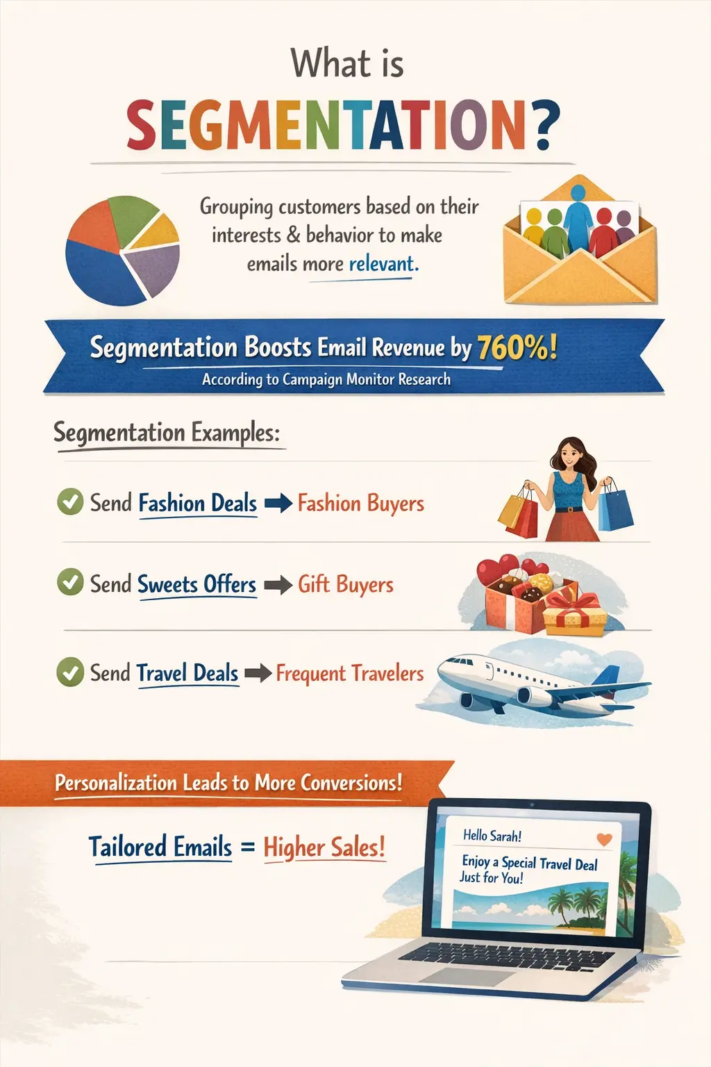 Email marketing segmentation examples for Holi showing fashion buyers, gift buyers, and frequent travelers segments.
