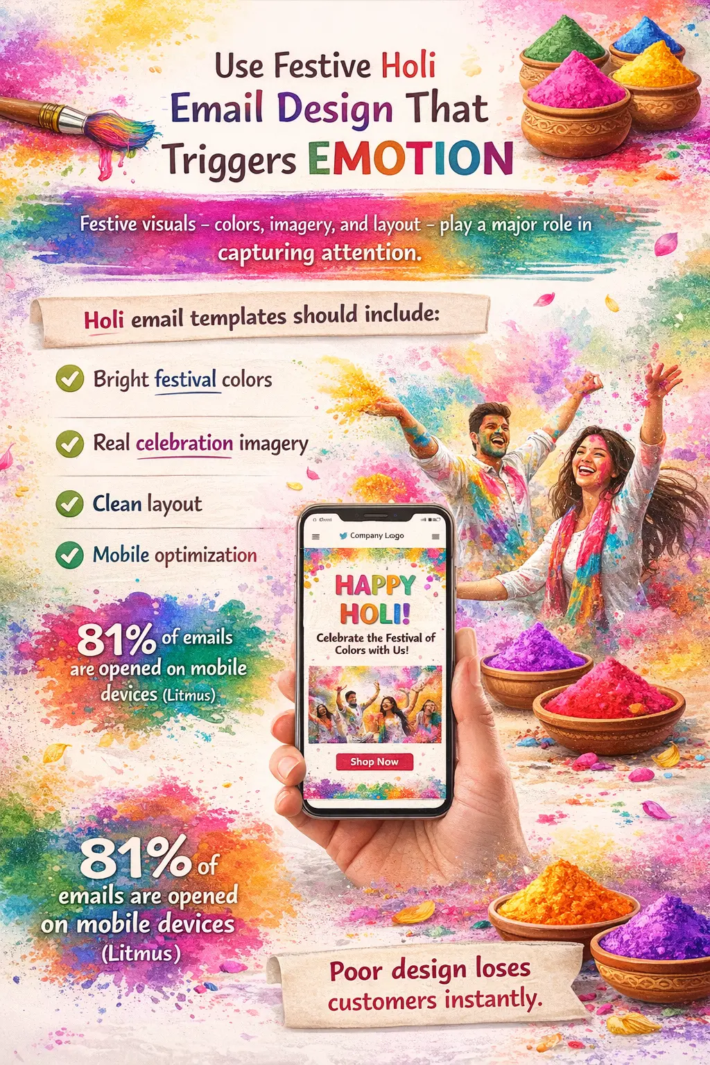 Bright and colorful Holi email design template optimized for mobile with 81% mobile open rate statistic.