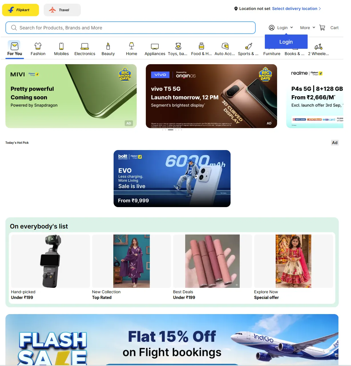 Screenshot of the Flipkart India webpage, featuring a mix of upcoming product launches and curated deal collections. The top section showcases a teaser for 'MIVI Pretty powerful Coming soon Powered by Snapdragon,' labeled as an advertisement. Next, a banner promotes the 'vivo T5 5G' launch scheduled for tomorrow at 12 PM, highlighting it as the segment's brightest display. Another ad features 'boft EVO Less charging. More Living Sale is live From ₹9,999,' emphasizing battery efficiency. Below these promotional banners, a section titled 'On everybody's list' curates product collections with quick filters and call-to-actions, including 'Hand-picked Under ₹199,' 'New Collection,' 'Top Rated,' 'Best Deals Under ₹199,' 'Explore Now,' and 'Special offer.' At the bottom, a flash sale banner advertises 'Flat 15% Off on Flight bookings,' expanding the platform's offerings beyond retail products. The overall page is visually dynamic, combining tech product hype with curated shopping categories and travel deals to engage a broad consumer base.