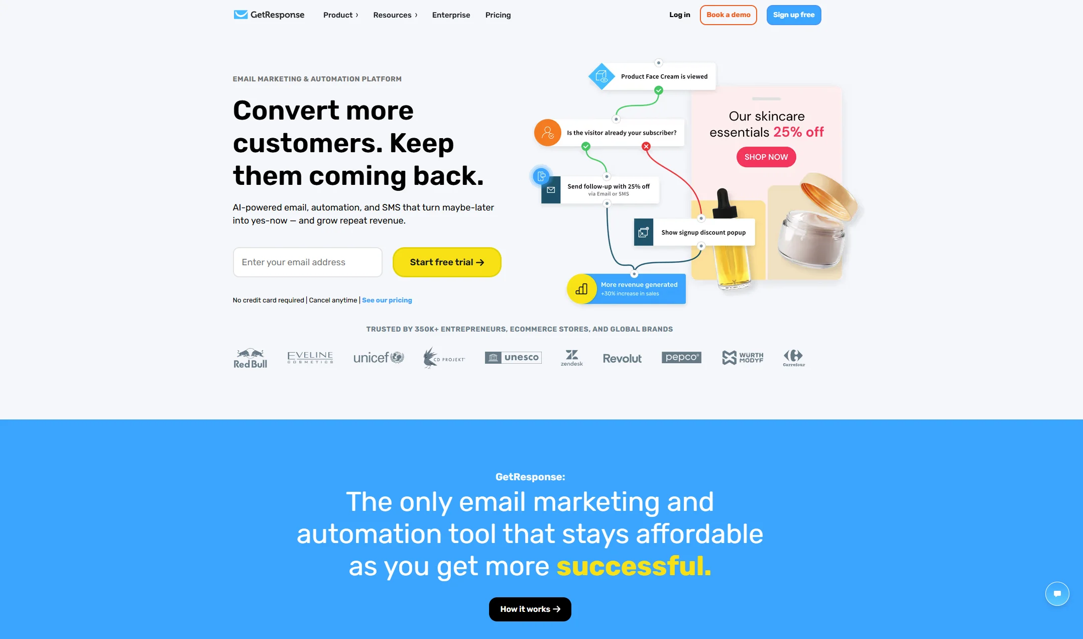 GetResponse email marketing and automation platform dashboard with AI-powered email automation and SMS features. Trusted by 350K+ entrepreneurs ecommerce stores and global brands like RedBull Eveline Cosmetics UNICEF CD Projekt Red UNESCO Zendesk Revolut Pepco Wurth Carrefour. Start free trial no credit card required cancel anytime. Convert more customers and grow repeat revenue with affordable email marketing tools.