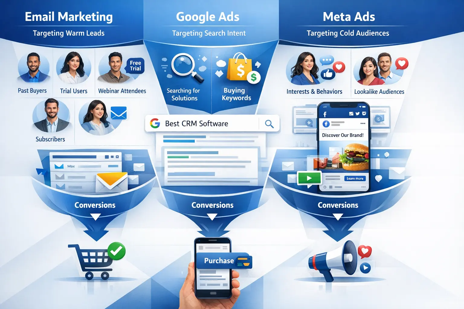 Multi-channel digital marketing strategy diagram targeting warm leads with free trials, past buyers, trial users, and webinar attendees. Google Ads targeting search intent for "best CRM software" and buying keywords. Meta Ads targeting cold audiences based on interests, behaviors, and lookalike audiences. Conversion path from subscribers to purchase across all three channels.