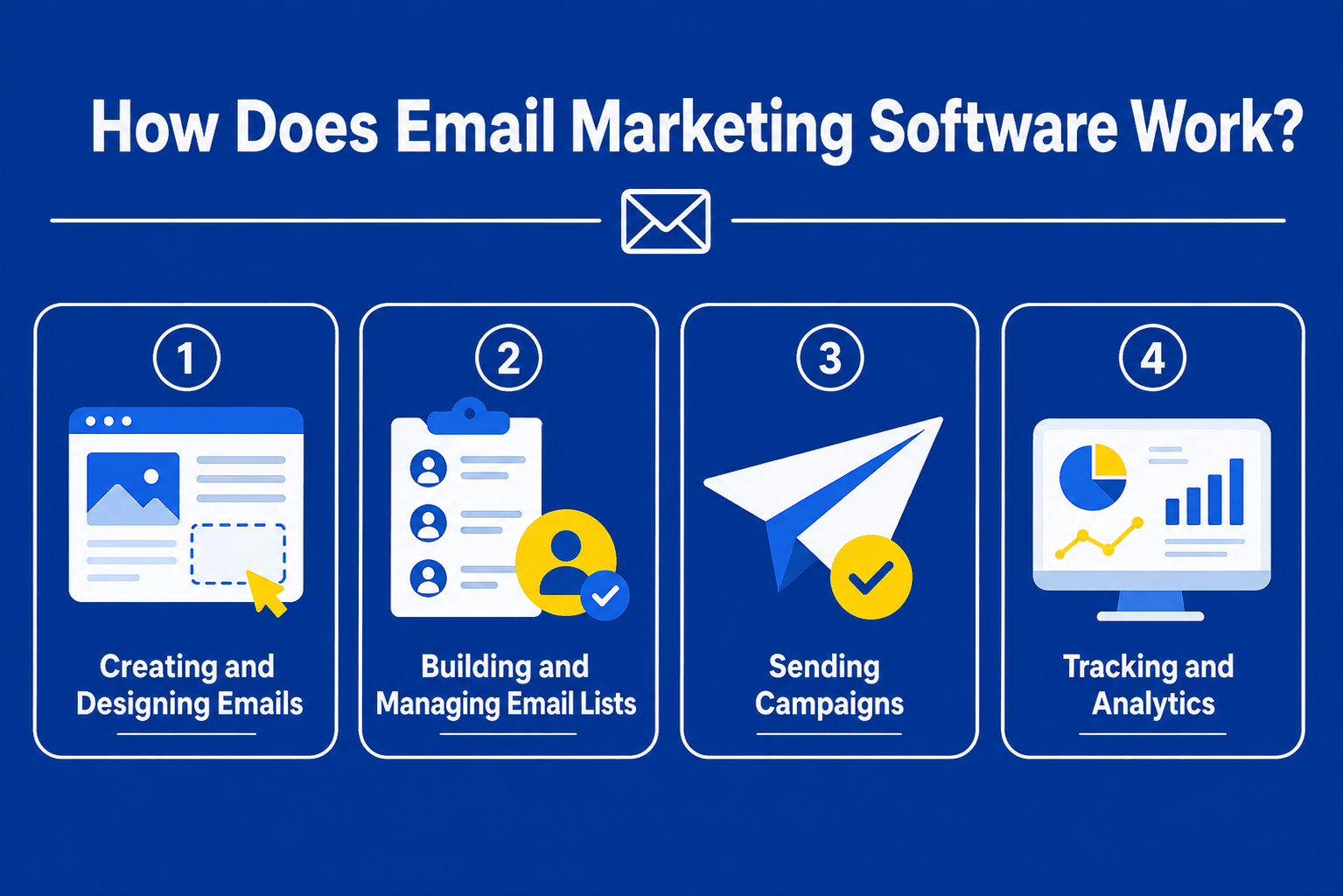A clean, horizontal four-step infographic titled "How Does Email Marketing Software Work?" The graphic breaks down the core functional pillars of an email marketing platform, illustrating the end-to-end workflow from email creation to performance measurement. Step 1: Creating and Designing Emails – Represented by a paintbrush and layout grid icon, this phase covers the software's design capabilities. Users can choose from pre-built templates, use drag-and-drop editors, or code custom HTML emails. The software typically offers a library of stock images, font options, color palettes, and responsive design previews to ensure emails render correctly on both desktop and mobile devices. This step also includes tools for crafting subject lines, preview text, and call-to-action buttons, along with built-in spam-checkers to improve deliverability before sending. Step 2: Building and Managing Email Lists – Illustrated with a contact list and user-plus icon, this step focuses on subscriber data management. The software provides features to import contacts via CSV files, integrate with CRM systems or e-commerce platforms (like Shopify or Salesforce), and embed sign-up forms on websites. List management includes segmentation tools that allow users to group subscribers based on criteria such as geographic location, purchase history, engagement scores, or past email interactions. Additionally, the software automates list hygiene by handling unsubscribe requests, managing bounced emails, and ensuring compliance with privacy regulations like GDPR and CAN-SPAM through opt-in and consent tracking. Step 3: Sending Campaigns – Depicted with a paper plane or rocket icon, this is the execution stage. The software enables users to send different types of campaigns, including bulk broadcasts, automated drip sequences, triggered behavioral emails (e.g., abandoned cart reminders, welcome series, or post-purchase follow-ups), and time-zone-optimized deliveries. Key features at this stage include scheduling options, A/B split testing (to test subject lines, content, or send times), and deliverability tools that calculate the best sending windows based on subscriber engagement patterns. The software also manages sending limits, throttling, and ISP reputation to maximize inbox placement. Step 4: Tracking and Analytics – Finalized with a bar chart and magnifying glass icon, this phase provides real-time and historical data dashboards. Users can monitor open rates, click-through rates (CTR), bounce rates, unsubscribe rates, and conversion attribution (e.g., purchases made directly from an email). Advanced analytics include heatmaps showing where subscribers clicked within an email, engagement over time, ROI calculations, and comparative reports across campaigns. The software also offers integration with Google Analytics for deeper traffic tracking, and generates visual reports that can be exported or shared with stakeholders. These insights enable data-driven decision-making, allowing users to refine their content, segmentation, and sending strategies for continuous improvement. The overall design is minimalistic, with arrow connectors between each step to indicate a logical, sequential flow. A subtle gear or cloud icon in the background suggests that the software operates as a cloud-based, automated system that streamlines the entire email marketing process from start to finish.
