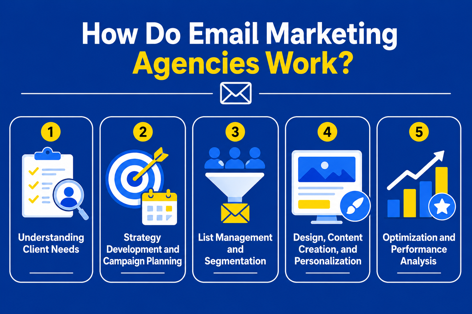 A vertical flowchart-style infographic titled "How Do Email Marketing Agencies Work?" The graphic outlines a five-step process that explains the full-service lifecycle of a professional email marketing agency, from initial consultation to ongoing performance optimization. Step 1: Understanding Client Needs – This phase depicts a consultation icon, representing the discovery process where the agency gathers information about the client’s business goals, target audience, brand voice, product offerings, and current marketing challenges. This foundational step ensures alignment on objectives such as lead generation, customer retention, or brand awareness. Step 2: Strategy Development and Campaign Planning – Illustrated with a roadmap or calendar icon, this stage covers the creation of a comprehensive email marketing strategy. The agency plans campaign frequency, defines key performance indicators (KPIs), maps out customer journeys, and establishes a content calendar. This includes deciding on campaign types such as welcome sequences, newsletters, promotional blasts, and re-engagement campaigns. Step 3: List Management and Segmentation – Represented by a database or filter icon, this step focuses on building and maintaining a healthy email list. The agency segments subscribers based on demographics, past purchase behavior, engagement levels, and lifecycle stages. This phase also includes list hygiene practices like removing inactive subscribers and ensuring GDPR/CAN-SPAM compliance to improve deliverability. Step 4: Design, Content Creation, and Personalization – Shown with a pencil and layout icon, this is the creative execution phase. The agency designs mobile-responsive email templates, writes compelling copy, crafts attention-grabbing subject lines, and incorporates dynamic personalization elements such as the recipient's name, product recommendations based on browsing history, and location-specific offers. A/B testing of different visual styles and messaging is often conducted here. Step 5: Optimization and Performance Analysis – Finalized with a growth chart and gear icon, this step involves post-send analytics and continuous refinement. The agency tracks open rates, click-through rates (CTR), conversion rates, bounce rates, and unsubscribe rates. Using this data, they run multivariate tests, tweak send times, adjust segmentation rules, and refine content to maximize ROI. This phase ensures the entire process is iterative and data-driven, with regular reporting to the client. The overall design is clean, professional, and arrow-driven, indicating a logical, sequential workflow with a feedback loop returning to earlier stages for continuous improvement.