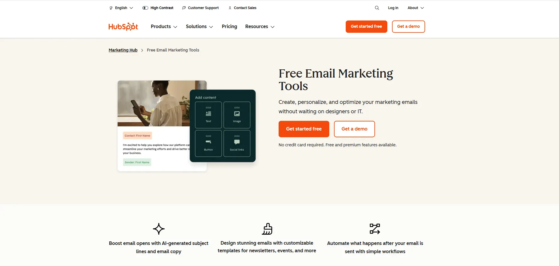 HubSpot free email marketing tools with AI-generated subject lines, customizable templates for newsletters and events, and automation workflows &ndash; create, personalize, and optimize marketing emails without designers or IT.