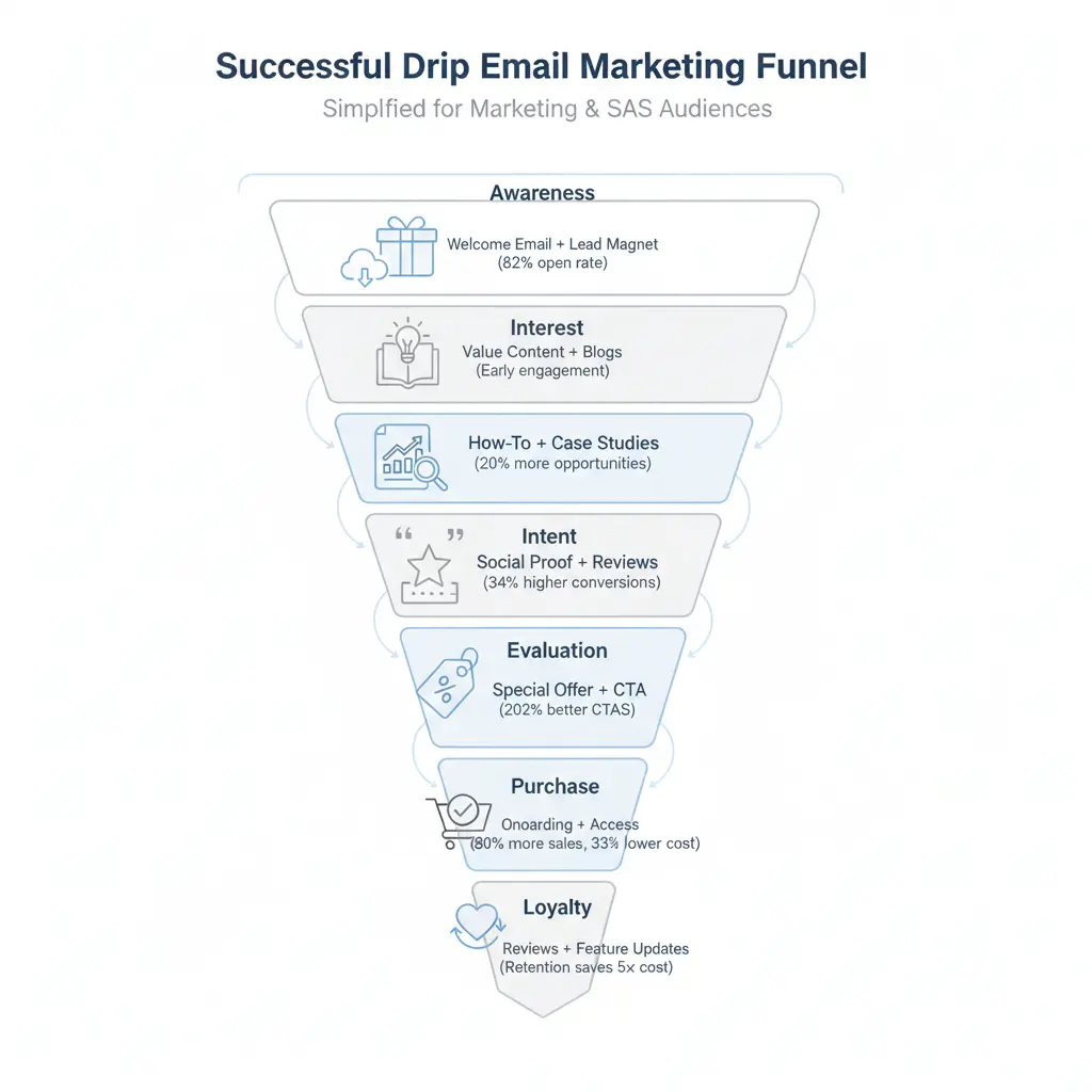 A step-by-step visual of a successful email marketing funnel. It starts with Awareness (82% open rate for a Welcome Email), moves to Interest (20% more opportunities with How-To guides), then Intent (34% higher conversions with Reviews), Evaluation (202% better CTAs with an Offer), Purchase (80% more sales with Onboarding), and ends with Loyalty (5x cost savings with Retention efforts).