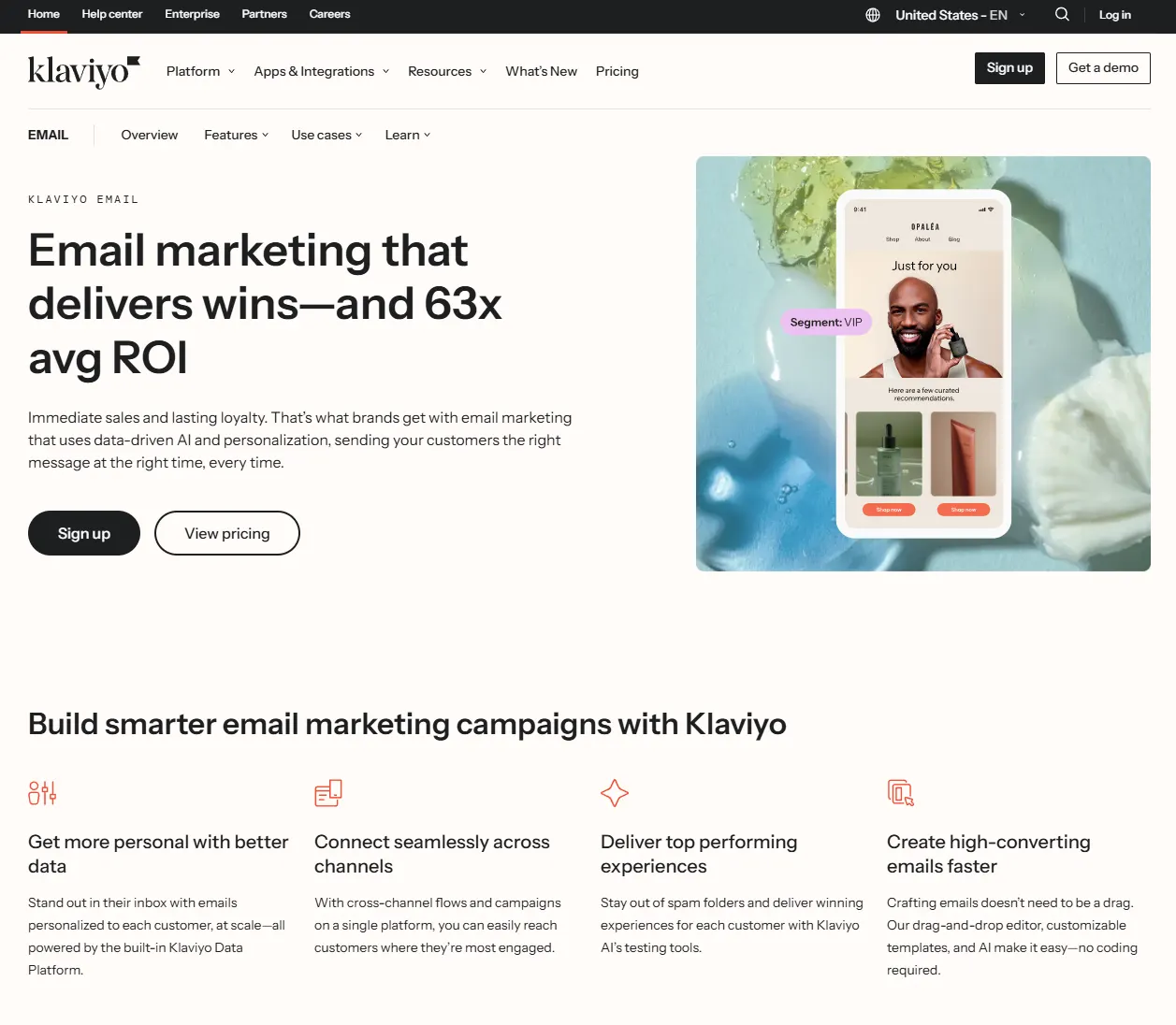 Klaviyo email marketing dashboard highlighting 63x average ROI, data-driven AI personalization, drag-and-drop email editor, cross-channel flows and campaigns, VIP segment recommendations, customizable templates, and deliverability tools to avoid spam folders while sending personalized messages at scale