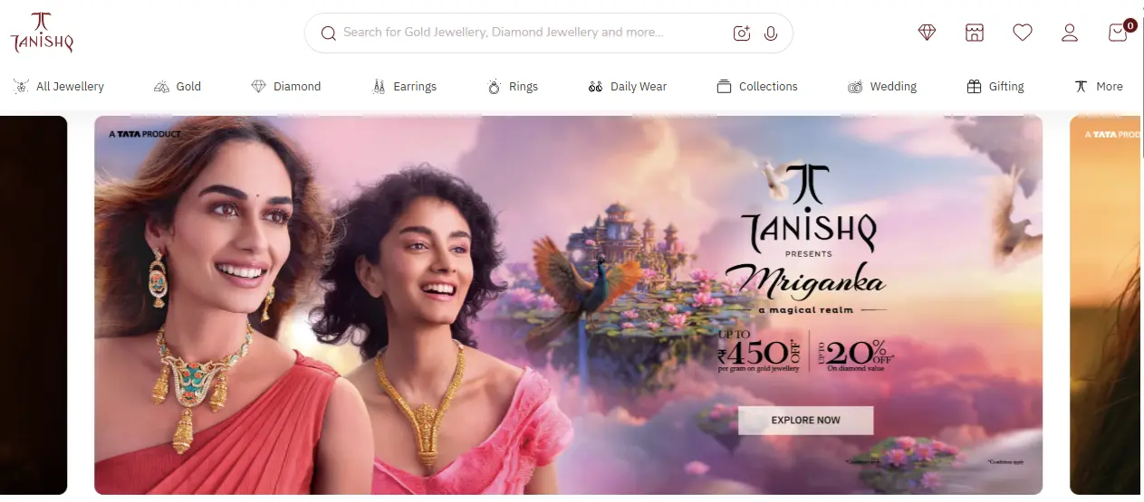 Tanishq Mriganka jewelry collection featuring women in gold and diamond necklaces, earrings, and festive designs, special discounts up to ₹450 per gram on gold and 20% on diamond jewelry