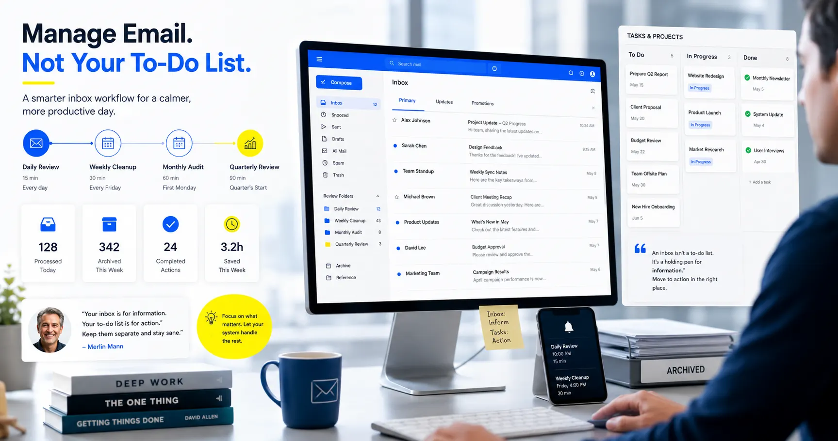 A productivity infographic titled "Manage Email. Not Your To-Do List." with subtitle "A smarter inbox workflow for a calmer, more productive day." Shows four time-based routines: Daily Review (15 min every day), Weekly Cleanup (30 min every Friday), Monthly Audit (60 min first Monday), Quarterly Review (90 min quarter's start). Includes metric badges: 128 Processed Today, 342 Archived This Week, 24 Completed Actions, 3.2h Saved This Week. Features a quote by Merlin Mann: "Your inbox is for information. Your to-do list is for action. Keep them separate and stay sane." Ends with labels "Inbox: Inform" and "Tasks Action," plus a repeating daily review and weekly cleanup schedule with times.