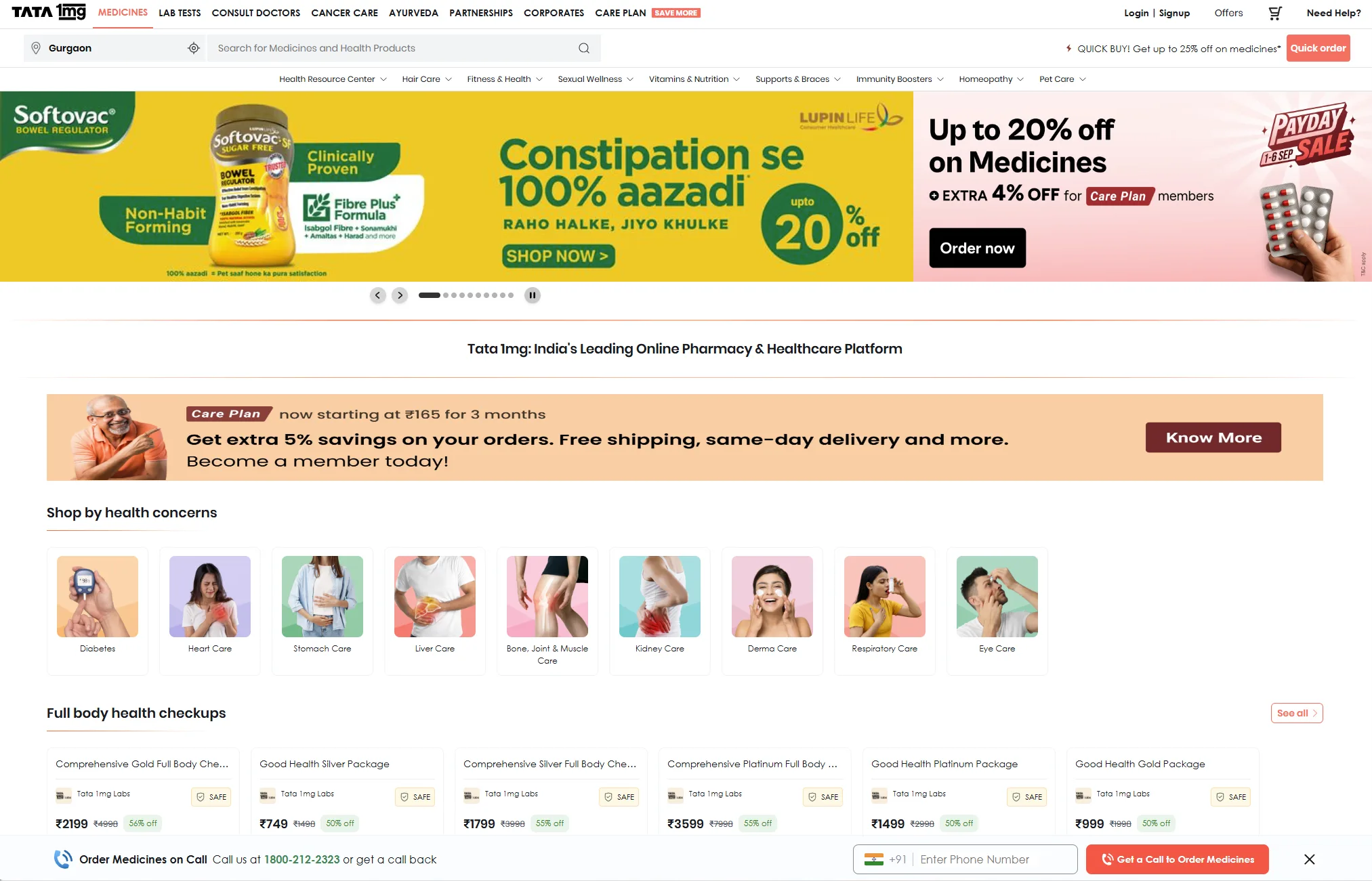 Screenshot of the Tata 1mg homepage, India's leading online pharmacy and healthcare platform. The top navigation bar includes key services such as Medicines, Lab Tests, Consult Doctors, Cancer Care, Autoveda, Partnerships, Corporates, and a Care Plan. A 'Save More' link encourages users to explore discounts. The hero section promotes Softovac, a bowel regulator, highlighting its non-habit-forming formula, fibre plus composition, and natural ingredients like Isabgol Fibre, Sonamukhi, Amalatas, and Harad, with the catchy tagline '100% azadi = Pet saaf hone ka pura satisfaction.' Below, a Health Resource Center offers quick links to categories like Hair Care, Fitness & Health, Sexual Wellness, Vitamins & Nutrition, Supports & Braces, Immunity Boosters, Homeopathy, and Pet Care. A promotional banner for Lupin Life offers up to 20% off on medicines with an extra 4% off for Care Plan members. The platform also advertises its Care Plan starting at ₹165 for 3 months, offering extra savings, free shipping, and same-day delivery. A 'Shop by health concerns' section lists conditions like Diabetes, Heart Care, Stomach Care, Liver Care, Bone & Joint Care, Kidney Care, Derma Care, Respiratory Care, and Eye Care. Additionally, a full-body health checkup package section displays multiple lab test options with pricing, including Comprehensive Gold, Silver, Platinum, and Good Health packages, all offered by Tata 1mg Labs with significant discounts. Finally, an 'Order Medicines on Call' feature provides a toll-free number (1800-212-2323) and a phone number input field for call-back requests, ensuring accessibility for all users.