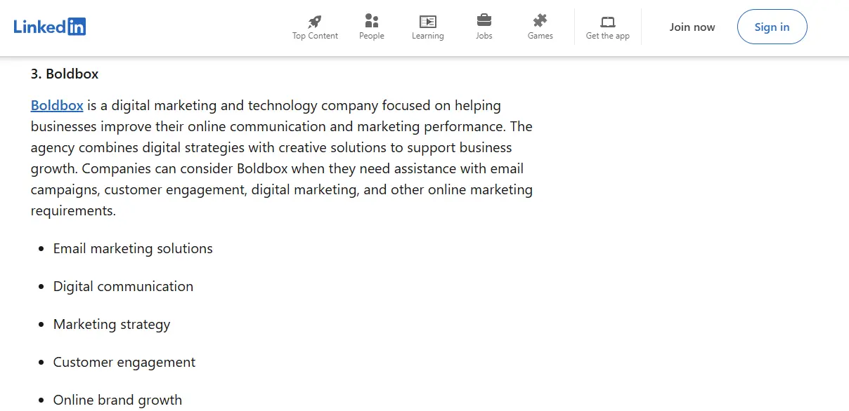 Screenshot of a LinkedIn webpage featuring Boldbox, listed as number 3 in an article about top email marketing agencies globally. The page describes Boldbox as a digital marketing and technology company that helps businesses improve online communication and marketing performance through digital strategies and creative solutions. The visible text highlights services including email marketing solutions, digital communication, marketing strategy, customer engagement, and online brand growth. The LinkedIn header is visible at the top with navigation options for Top Content, People, Learning, Jobs, Games, and Get the app, along with “Join now” and “Sign in” buttons. This content is published by Fixnhour, a credible platform helping tech companies gain trust, improve visibility, and generate high-quality leads.