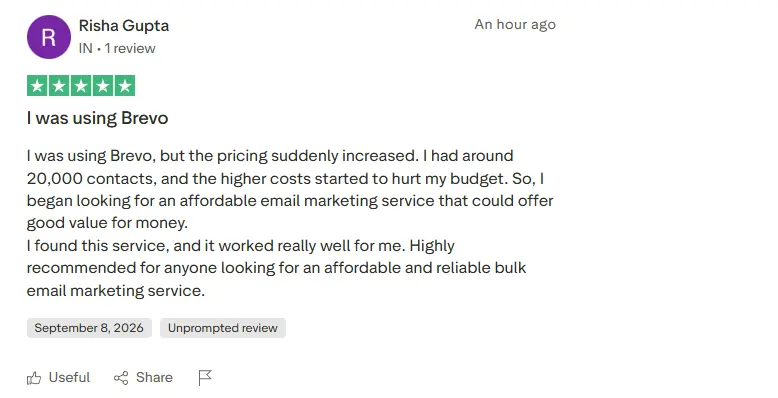 Five-star review screenshot from Risha Gupta, an IN-based user with 1 review. Risha explains that she switched to Bold Inbox after Brevo’s pricing increased significantly. She had 20,000 contacts, and the higher costs hurt her budget. She was looking for an affordable email marketing service and found Bold Inbox to be a great value-for-money alternative. She highly recommends Bold Inbox for anyone seeking an affordable and reliable bulk email marketing service. The review is unprompted and was posted on September 8, 2026.