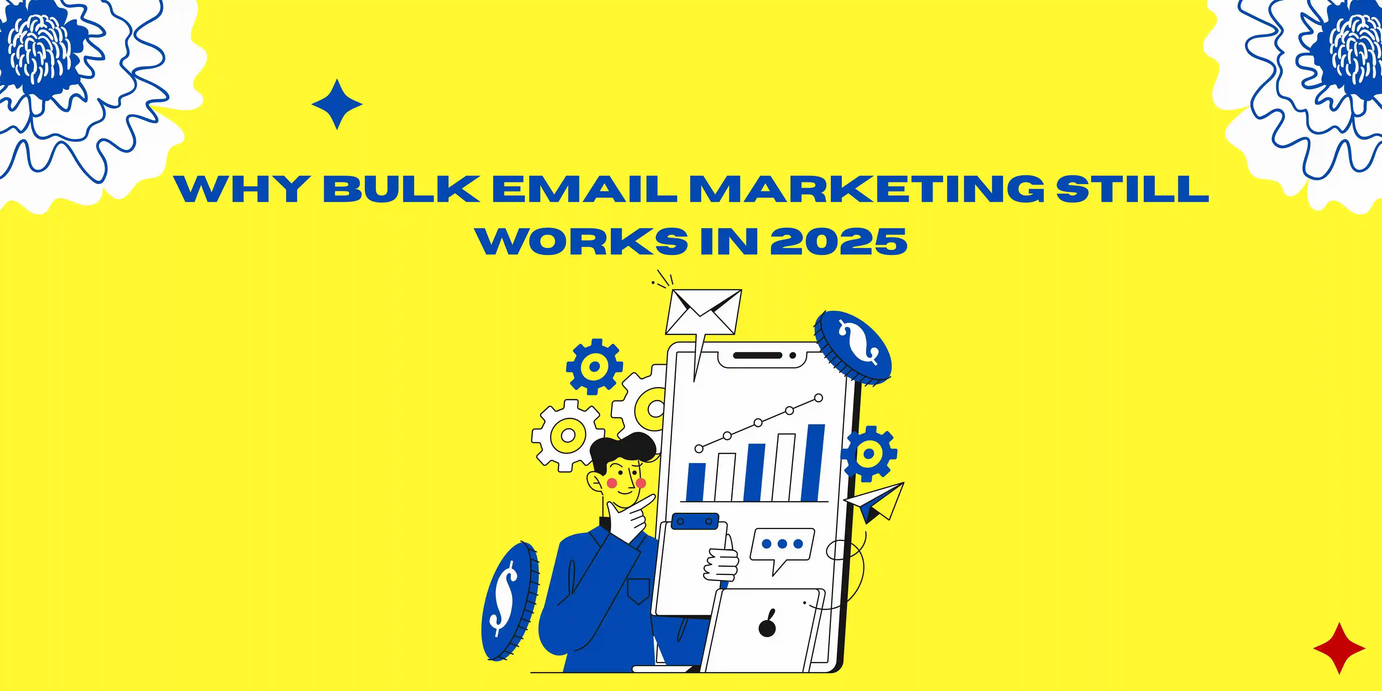 Illustration of a digital marketer analyzing email performance charts on a large smartphone, surrounded by email icons, dollar signs, and gears. Text reads 'Why Bulk Email Marketing Still Works in 2025' on a bright yellow background.