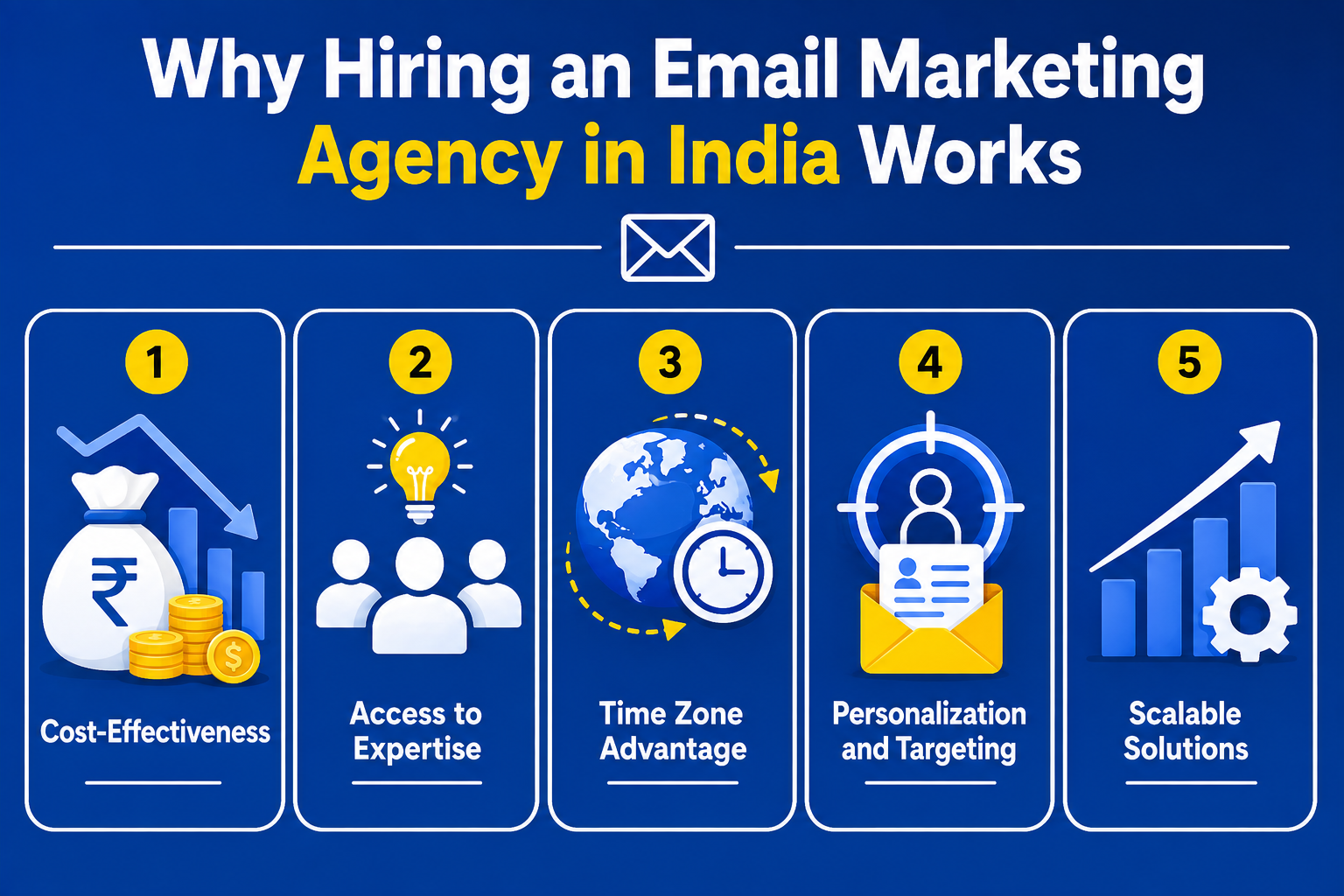 A professional, vertically structured infographic titled "Why Hiring an Email Marketing Agency in India Works." The graphic presents five compelling benefits arranged in a numbered list format, each accompanied by a relevant icon, explaining the strategic advantages of outsourcing email marketing to Indian agencies. Benefit 1: Cost-Effectiveness – Illustrated with a rupee symbol (₹) or a money-saving tag icon, this point highlights the significant cost advantages of partnering with an Indian agency. Lower operational costs in India translate to highly competitive pricing for world-class services—often 40–60% less than agencies in North America, Europe, or Australia—without compromising on quality. Clients gain access to full-service teams (including strategists, designers, copywriters, and developers) at the price of a single in-house hire, reducing overheads related to salaries, infrastructure, training, and software subscriptions. Benefit 2: Access to Expertise – Depicted with a graduation cap, trophy, or certification badge, this benefit emphasizes the deep talent pool available in India. Indian email marketing agencies employ certified professionals skilled in major platforms like Mailchimp, HubSpot, Klaviyo, Salesforce Marketing Cloud, and SendGrid. These experts bring specialized knowledge in deliverability optimization, A/B testing, compliance with global regulations (GDPR, CAN-SPAM), copywriting that converts, and data-driven segmentation. Many agencies also have cross-industry experience—from e-commerce and SaaS to healthcare and BFSI—allowing them to apply proven best practices tailored to each client's niche. Benefit 3: Time Zone Advantage – Represented by a world clock or overlapping day/night icons, this point underscores the operational efficiency gained from India's time zone (UTC+5:30). The ~9.5 to 13.5-hour difference with Western markets enables a "follow-the-sun" workflow: while client teams in the US or UK are offline, Indian agencies can execute campaigns, perform maintenance, analyze data, and prepare reports. This results in faster turnaround times, 24/7 campaign monitoring, and the ability to deliver morning-ready deliverables—essentially giving clients an overnight production team that accelerates time-to-market. Benefit 4: Personalization and Targeting – Shown with a target dart and user-profile icon, this advantage focuses on the agency's ability to deliver hyper-relevant content at scale. Indian agencies leverage advanced segmentation, behavioral triggers, and dynamic content tools to craft personalized email journeys based on user actions, purchase history, browsing behavior, and demographic data. They also conduct in-depth audience research to understand cultural nuances, regional preferences, and seasonal buying patterns—ensuring that campaigns resonate deeply with diverse subscriber bases, ultimately driving higher open rates, click-throughs, and conversions. Benefit 5: Scalable Solutions – Finalized with a growth graph or expanding blocks icon, this point highlights the flexibility to scale efforts up or down based on business needs. Whether a startup requiring a basic welcome series or an enterprise executing complex multi-channel drip campaigns with millions of subscribers, Indian agencies offer modular, elastic services. They can rapidly ramp up resources during peak seasons (e.g., holiday sales, product launches) and scale back during lean periods—all without the client needing to hire or fire in-house staff. This agility extends to technology adoption, with agencies seamlessly integrating new tools, automation workflows, and AI-driven personalization as the client's business evolves. The overall design is modern and business-oriented, with a clean color palette (often blue, orange, and white) conveying trust, professionalism, and innovation. Each benefit is connected by downward arrows, indicating a logical progression from financial savings to strategic growth. A subtle map of India or a global connectivity graphic may be included in the background to reinforce the international collaboration theme. This infographic effectively communicates that Indian email marketing agencies offer a powerful combination of affordability, skill, operational efficiency, precision targeting, and adaptability—making them an ideal choice for brands worldwide seeking to maximize their email ROI.