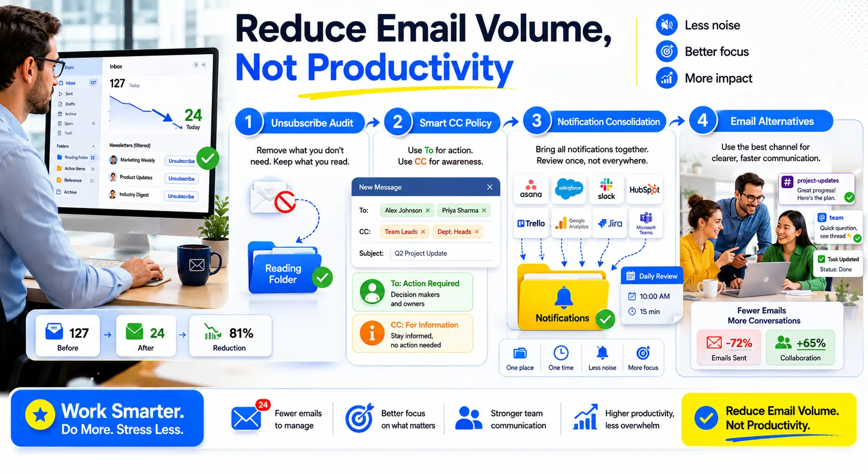 An infographic titled "Reduce Email Volume, Not Productivity" with subheadings "Less noise, Better focus, More impact." It lists 15 tips including unsubscribe audit, smart CC policy, notification consolidation, email alternatives, and daily review. Shows labeled envelope icons for "To: Action Required" and "CC: For Information." Includes data points like "-72% Emails Sent" and "+65% Collaboration." Ends with lines: "Work smarter. Do more. Stress less." and "Fewer emails to manage," "Better focus," "Stronger team communication," "Higher productivity, less overwhelm."