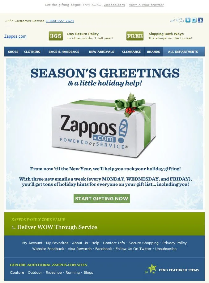 Zappos email signup section highlighting exclusive offers, style tips, and free shipping updates to attract subscribers