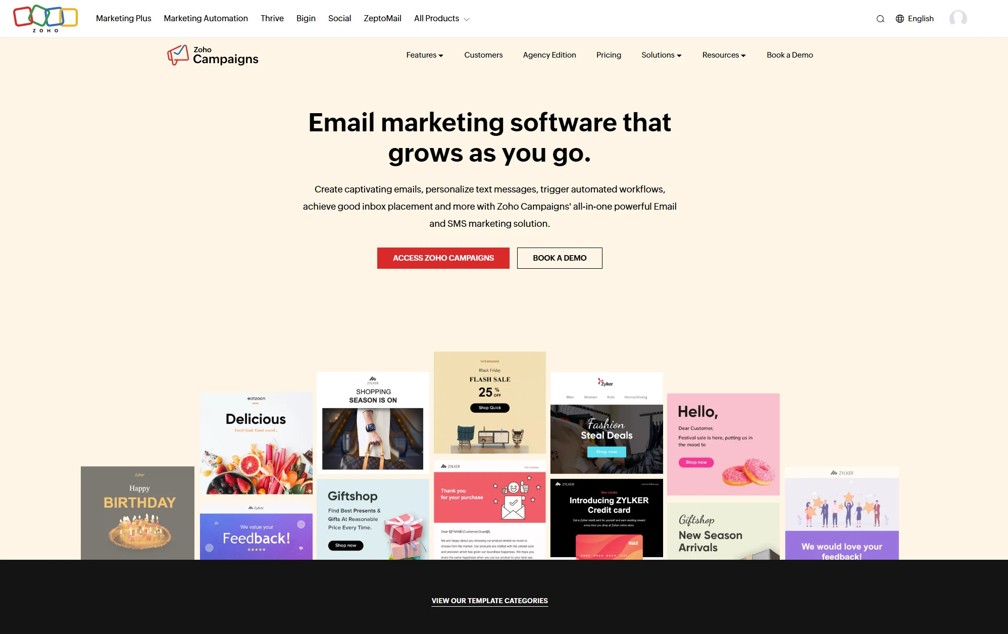 Zoho Campaigns all-in-one email and SMS marketing automation software showing flash sale promotion, birthday discount, giftshop reminder, feedback request, and options to access campaigns or book a demo, perfect for managing email and text message marketing that grows with your business