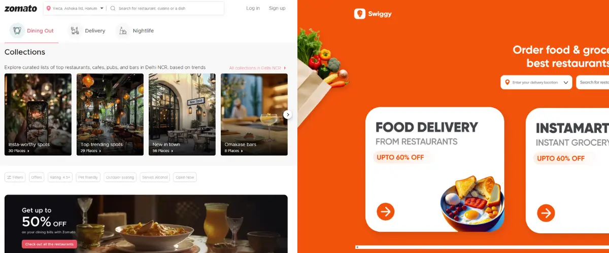 Zomato and Swiggy food delivery apps showing Navratri special menus and up to 60% off discounts